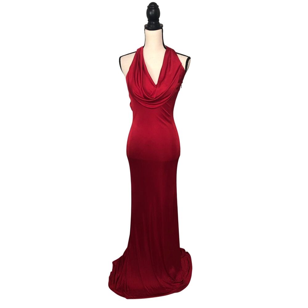 Kurt Thomas Red Cowl Neck Slinky Halter Gown Size 2 Beaded Open Back Maxi Dress